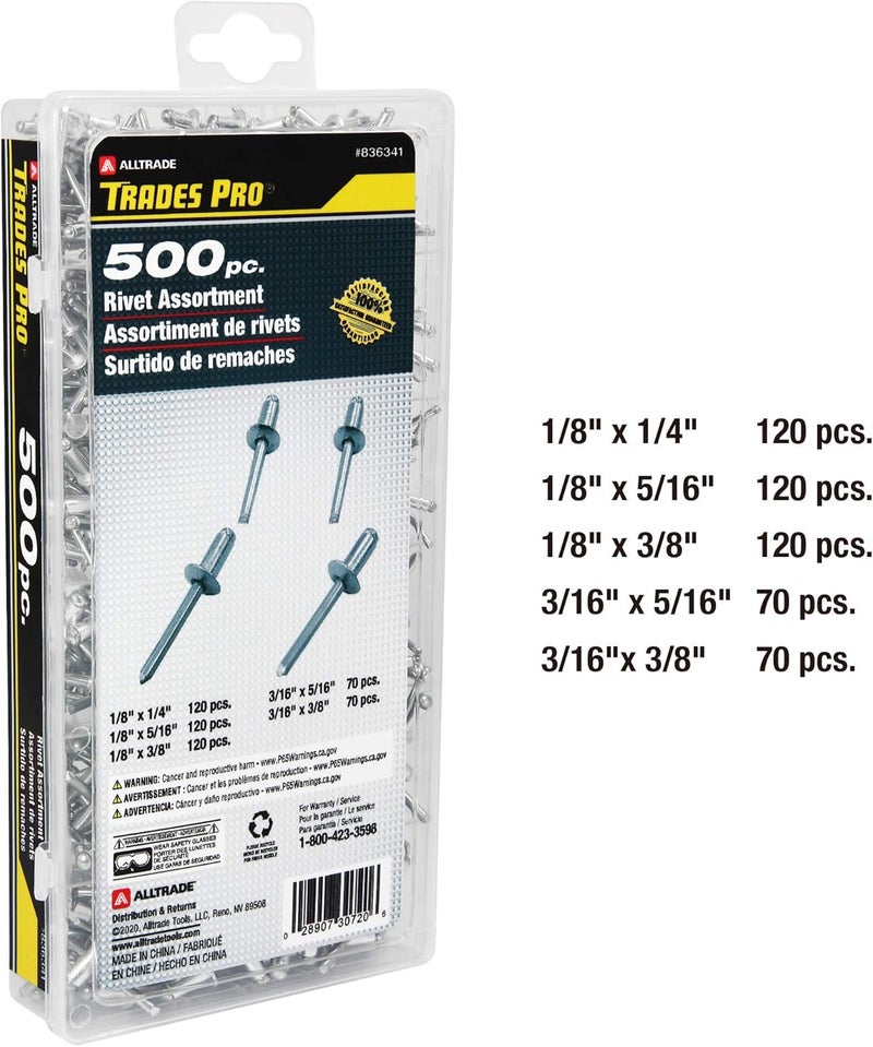 Alltrade Tradespro 836341 Aluminum Rivet Assortment - 500-Piece Set with Multiple Sizes - Image 2